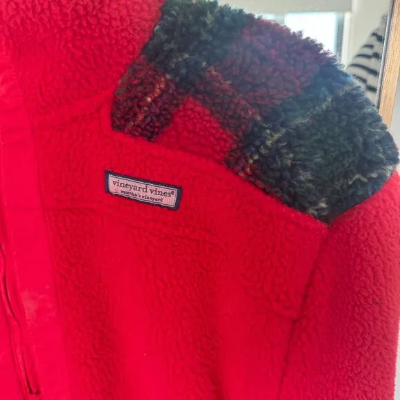 Vineyard Vines | Red Plaid Color-Block Super Shep Half-Zip Teddy Fleece Pullover - Picture 4 of 7